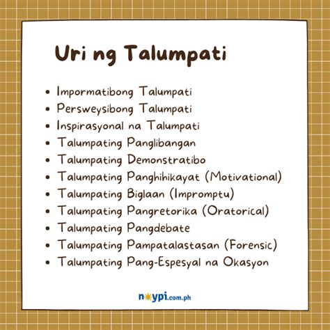TALUMPATI: Mga Uri, Katangian, Paano Gumawa, Halimbawa, .